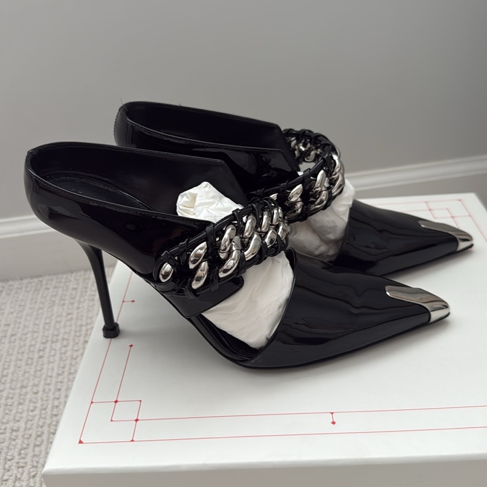Alexander McQueen Black Patent Pointed Toe Chain Mule Heels with Silver Accents